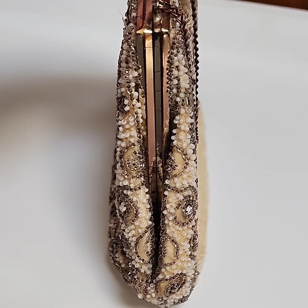 Elegant Beaded Clutch in Cream and Brown